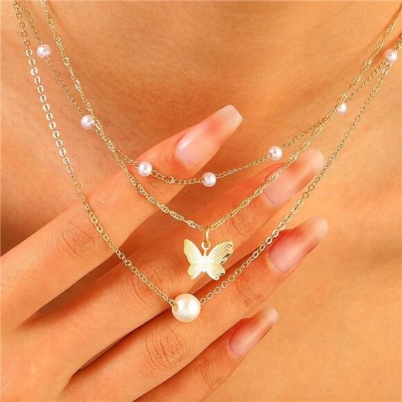 Layered Butterfly Pearl Pendant Necklace Set for Women Trendy 14k Gold Chain - Picture 4 of 8